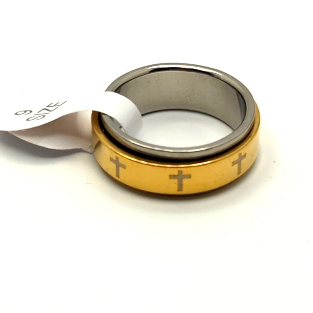 Christian Cross Spinner Ring Men's Size 9 Gold Silver Tone NWT